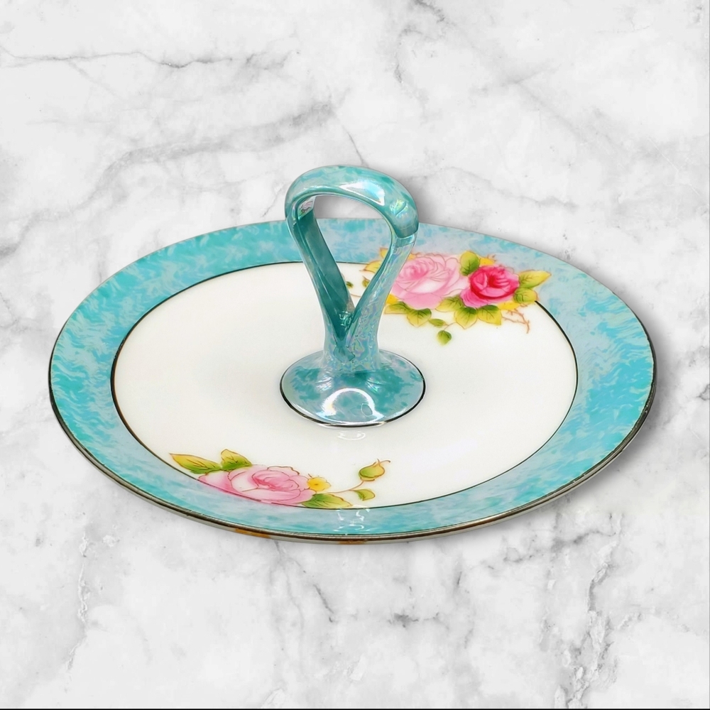 Vintage Noritake Porcelain Turquoise Plate with Floral Pattern And Center Handle